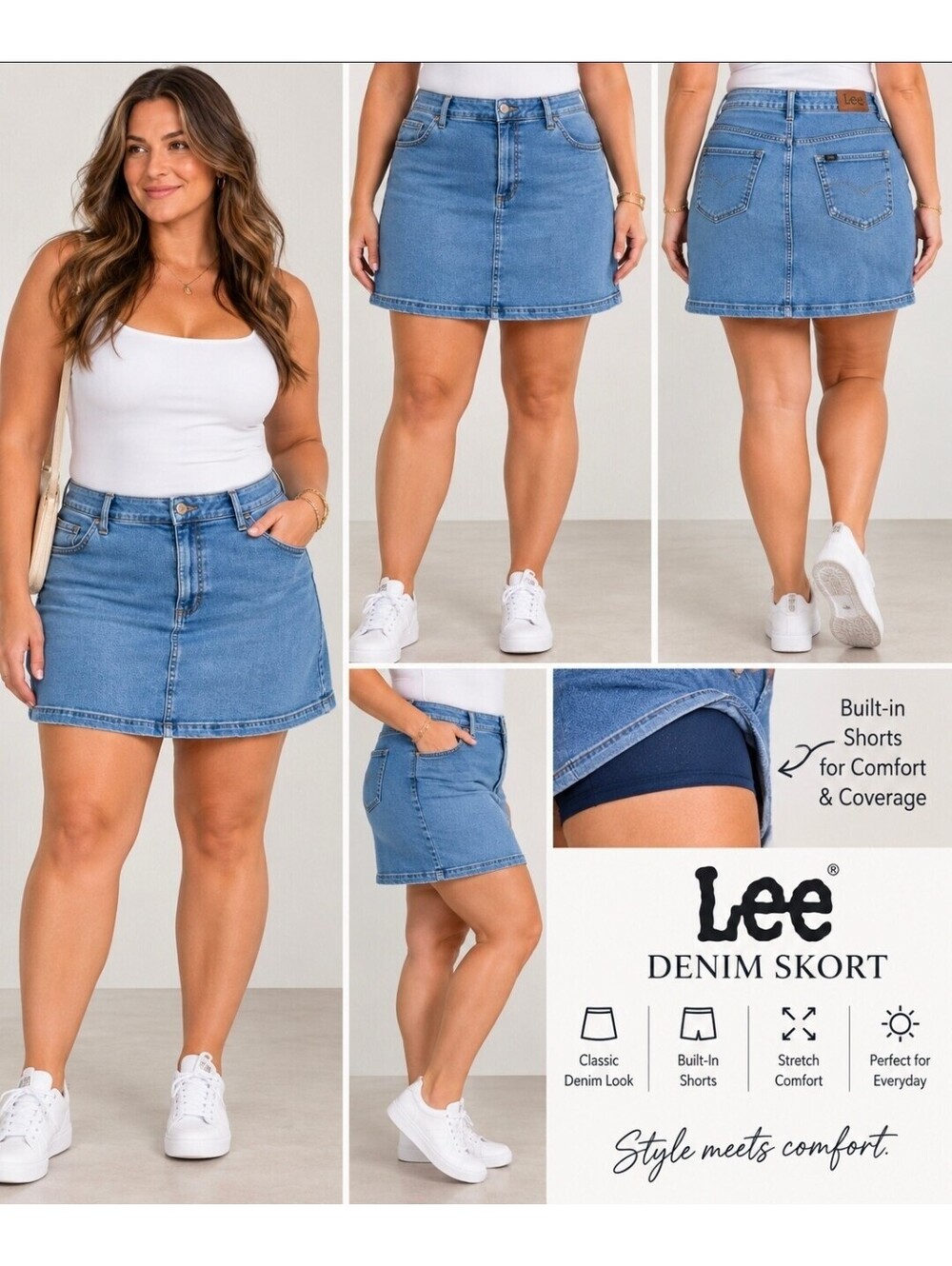 Lee Women's Denim Skort Size 22 Medium Blue Mid Rise Stretch Built-In Shorts